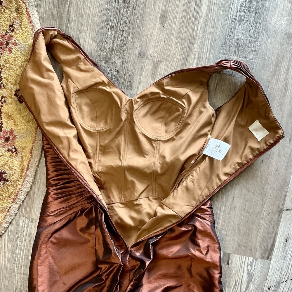 Symphony of Venus Liquid Metallic Copper Ornately Ruched Gathered Bodice Gown - Picture 16 of 17